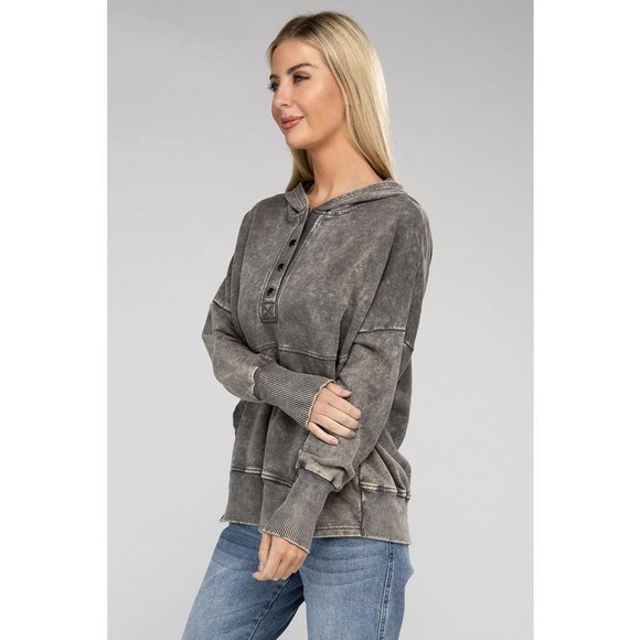 ZENANA French Terry Acid Wash Kangaroo Pocket Hoodie Sweatshirt in Mocha Grey - Picture 6 of 9